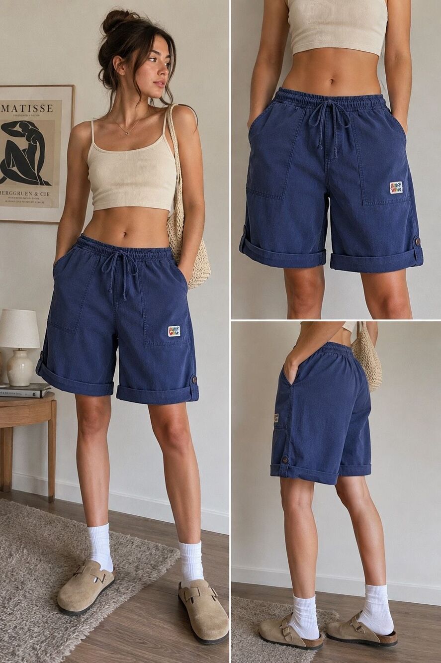 Beach Wave Vintage Cotton Roll Up Shorts Blue European Style Size S/ 34-36 EU